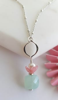 Image 1 of Easy Breezy Fresh Air Aqua Chalcedony, Pink Glass, + White Pearl Necklace