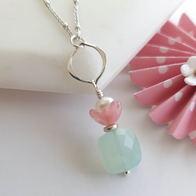 Easy Breezy Fresh Air Aqua Chalcedony, Pink Glass, + White Pearl Necklace