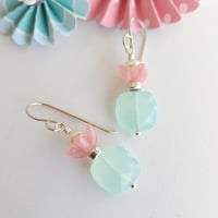 Image 1 of Easy Breezy Fresh Air Aqua Chalcedony, Pink Glass, + White Pearl Earrings