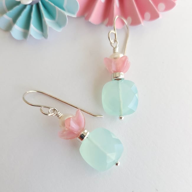 Easy Breezy Fresh Air Aqua Chalcedony, Pink Glass, + White Pearl Earrings