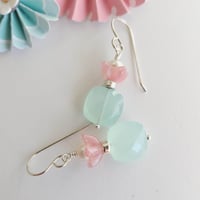 Image 2 of Easy Breezy Fresh Air Aqua Chalcedony, Pink Glass, + White Pearl Earrings