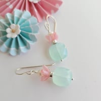 Image 3 of Easy Breezy Fresh Air Aqua Chalcedony, Pink Glass, + White Pearl Earrings
