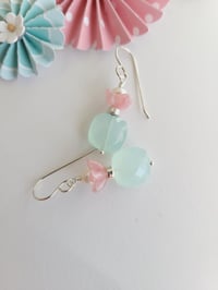 Image 4 of Easy Breezy Fresh Air Aqua Chalcedony, Pink Glass, + White Pearl Earrings