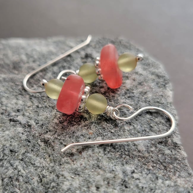 Watermelon + Soft Citrus Green Sea Glass Earrings