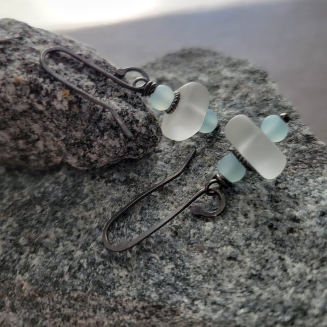 Clear Crystal + Soft Aqua Blue Sea Glass Earrings
