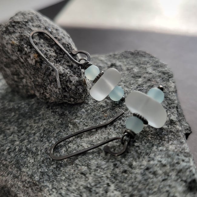 Clear Crystal + Soft Aqua Blue Sea Glass Earrings