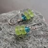 Matte Green Sea Glass + Capri Blue Crystal Earrings