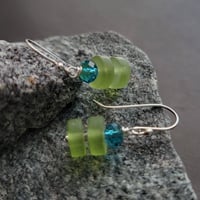 Image 2 of Matte Green Sea Glass + Capri Blue Crystal Earrings