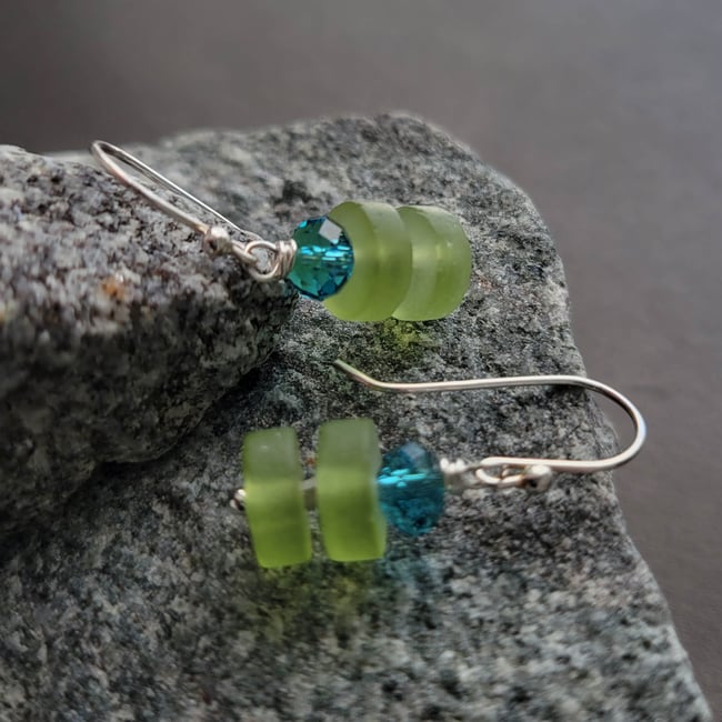 Matte Green Sea Glass + Capri Blue Crystal Earrings