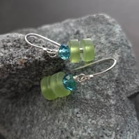 Image 3 of Matte Green Sea Glass + Capri Blue Crystal Earrings