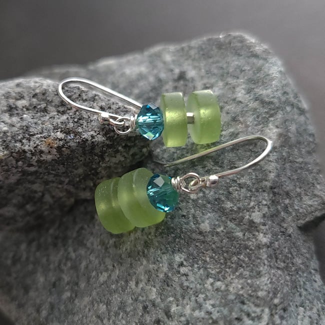 Matte Green Sea Glass + Capri Blue Crystal Earrings