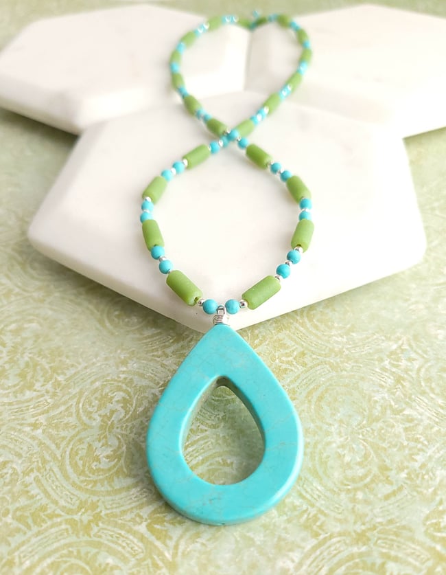 Bright + Colorful Turquoise Teardrop + Green Sea Glass Necklace