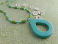 Image 4 of Bright + Colorful Turquoise Teardrop + Green Sea Glass Necklace