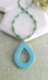Image 2 of Bright + Colorful Turquoise Teardrop + Green Sea Glass Necklace