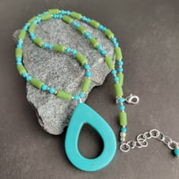Image 5 of Bright + Colorful Turquoise Teardrop + Green Sea Glass Necklace