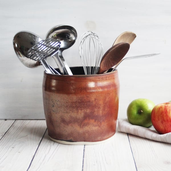 Image of Reserved for Laura - Copper and Rustic Black Utensil Holder, Handcrafted Kitchen Crock, Made in USA