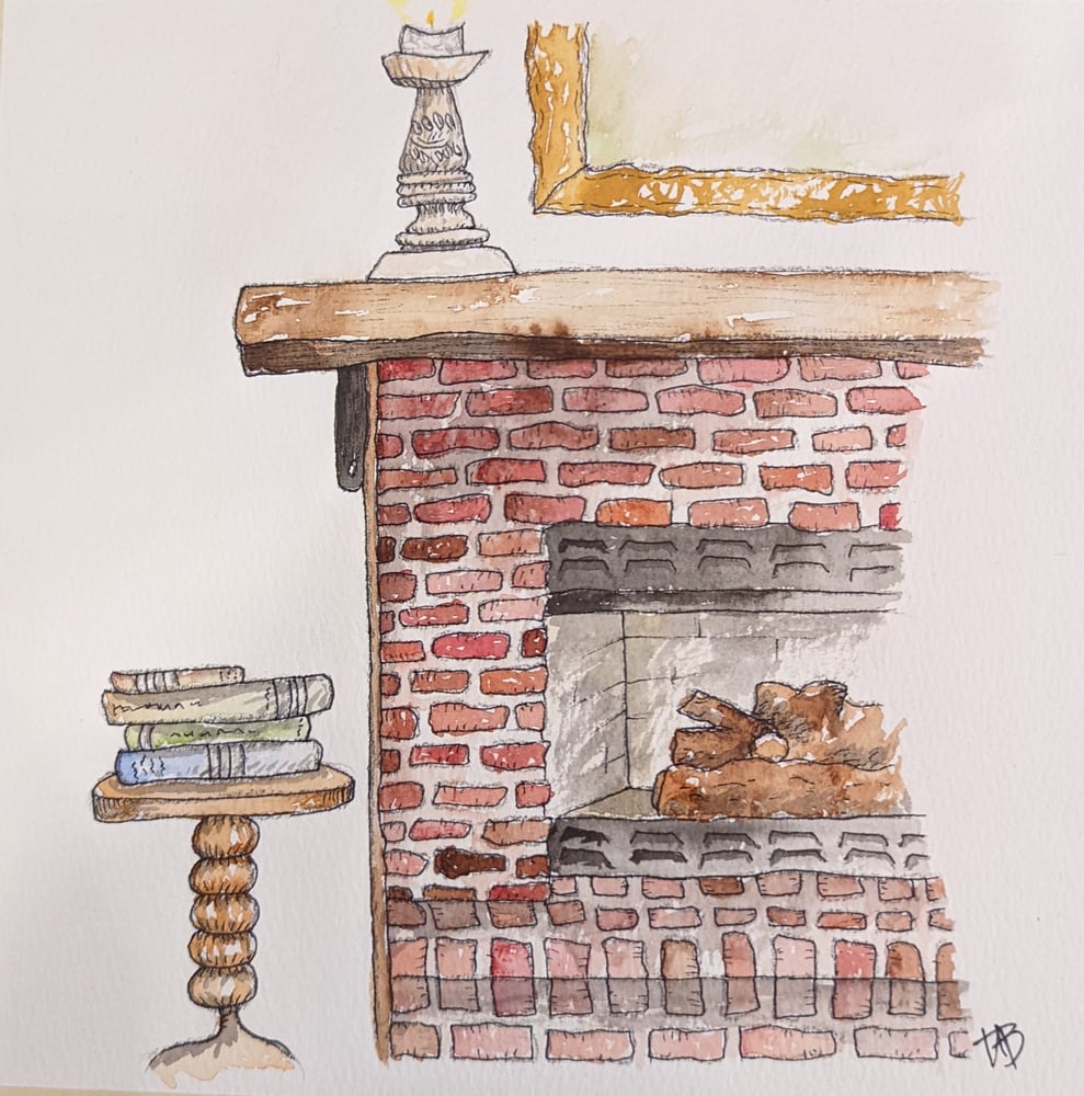 Image of Cozy Fireplace Watercolor Still Life