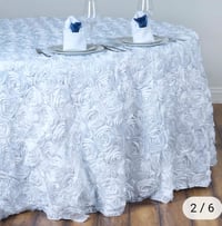 Image 1 of 132" White Grandiose Rosette 3D Satin Round Tablecloth