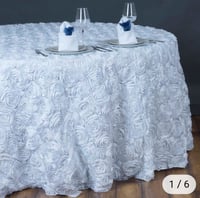 Image 3 of 132" White Grandiose Rosette 3D Satin Round Tablecloth