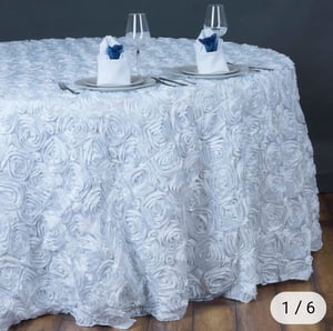 Image of 132" White Grandiose Rosette 3D Satin Round Tablecloth