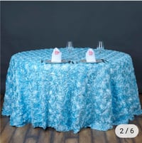 Image 3 of 132" light blue/ baby blue  Grandiose Rosette 3D Satin Round Tablecloth