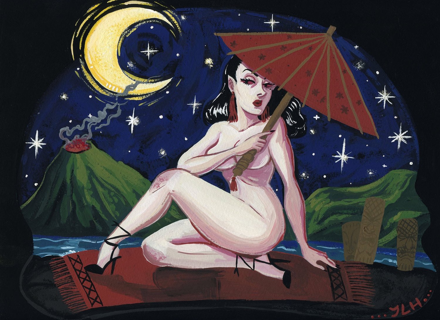Moon bathing Goth Dark Pin-up Dark Creepy Tiki Original Painting