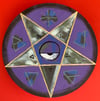 pentacle purple/gold/gray on wood disk