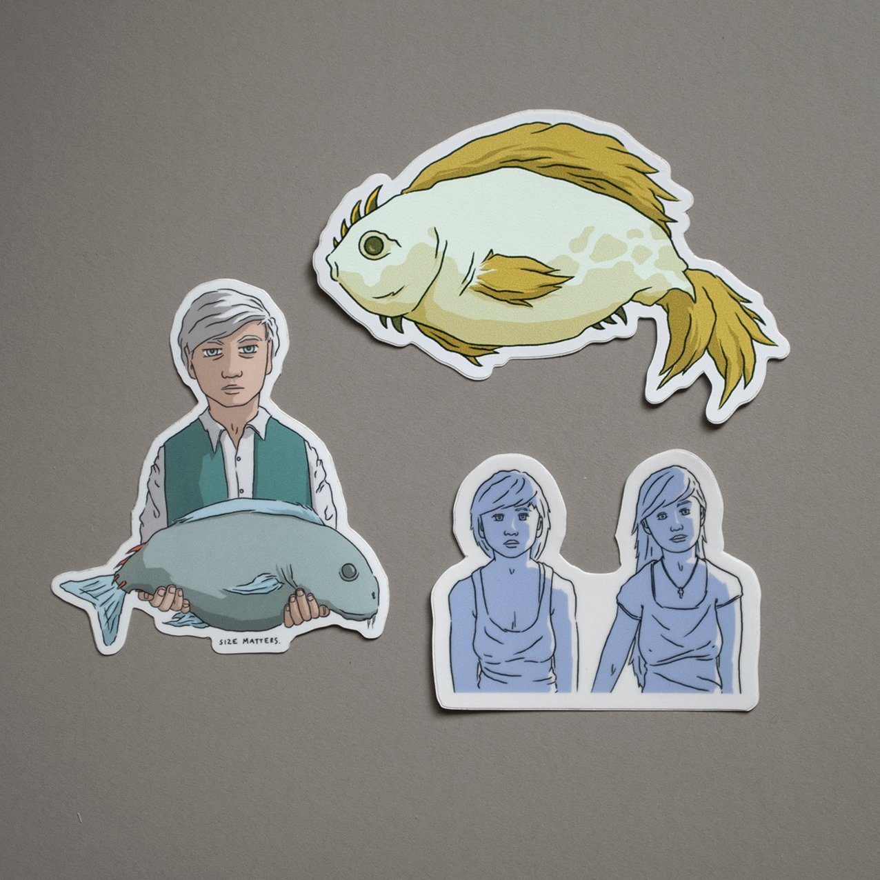 STICKER SET: Girl, girl, fish, fish, man.