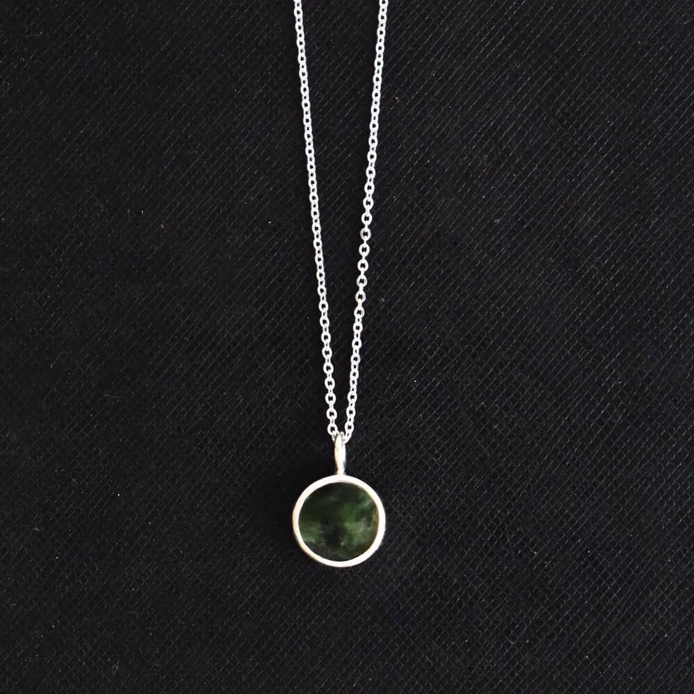 Image of Myanmar Green Jade flat round cut silver necklace