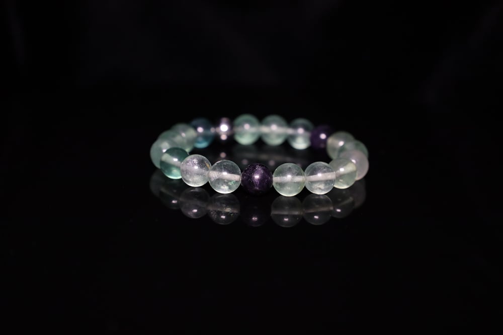 Handmade 10 mm Natural Fluorite Purple Green Blue Fluorite Gemstone Beads Stretch Bracelet Size 7.5