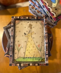 Image 1 of Fraktur styled Girl with Bird in hand decorated frame by Kolene Spicher SOLD TO REBECCA D