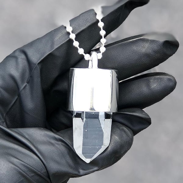 Image of Solid Silver Quartz Crystal Key Necklace