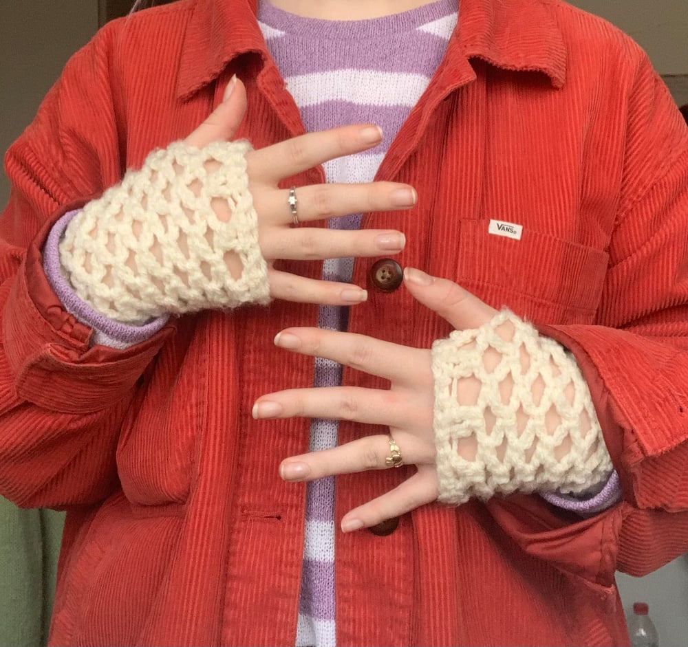 Image of fishnet crochet gloves