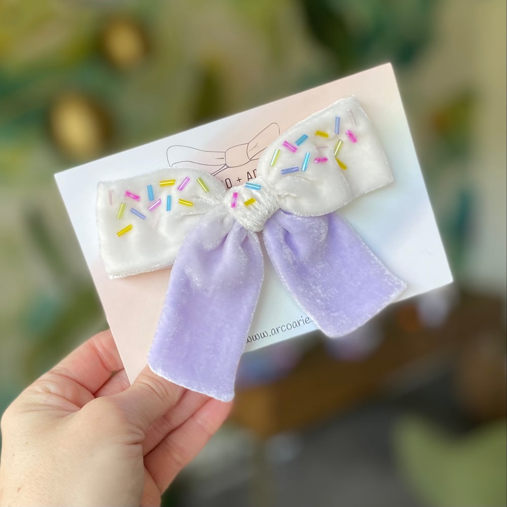 Image of Pastel lavender cupcake custom dyed and embellished silk velvet