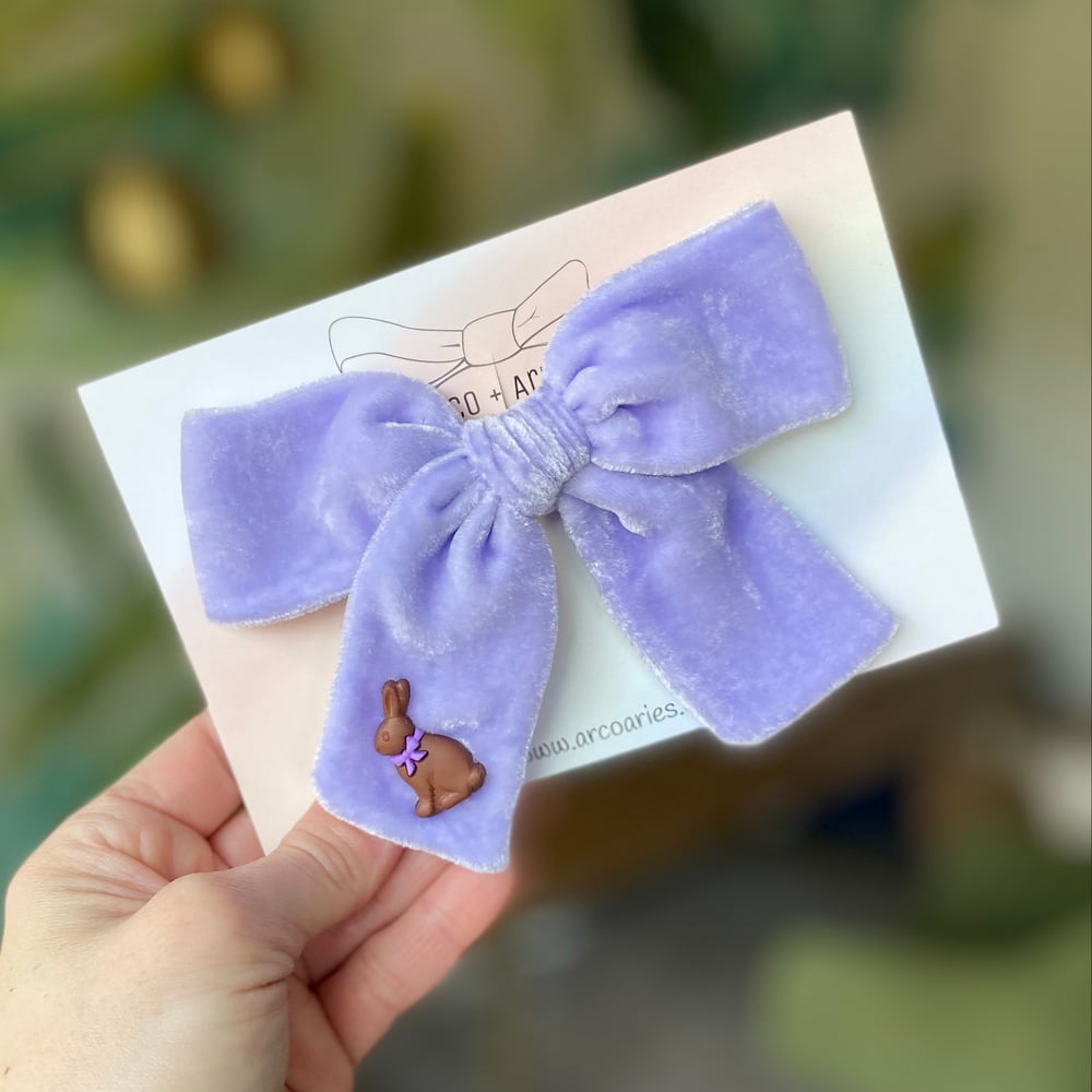 Image of Lavender chocolate bunny custom dyed and embellished silk velvet