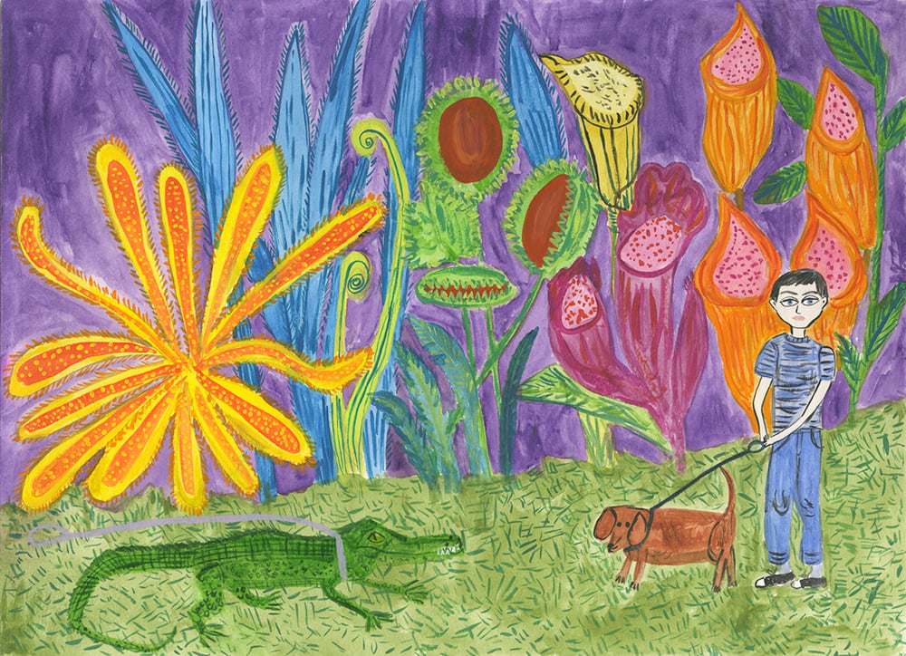 Image of Gilbert and Caesar wander into an unchartered carnivorous forest. Original illustration.