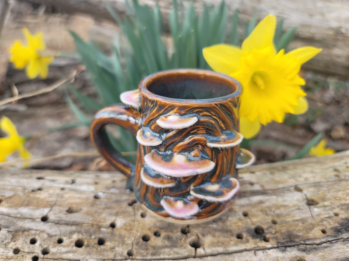 Small Woodcut Mug with Mushrooms