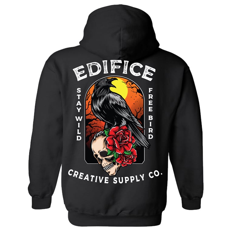 Image of EDIFICE SACRED CROW AND ROSE BLACK PULL OVER HOODIE 