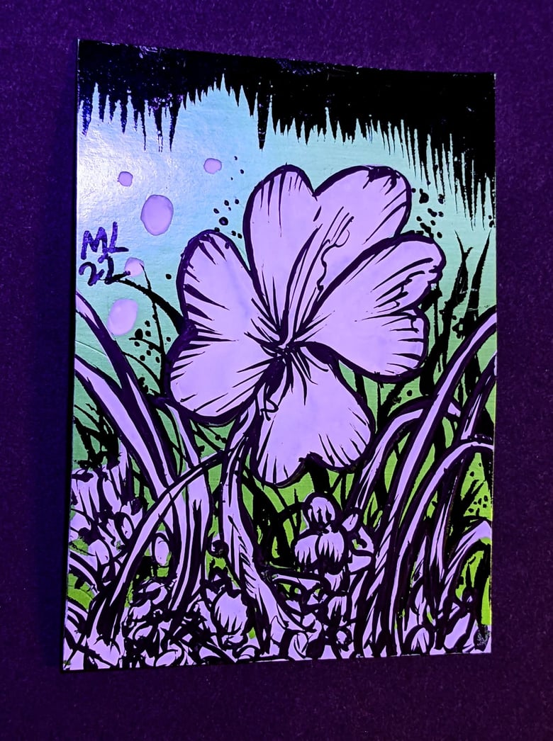 Image of "GOOD LUCK"  4 leaf clover painted/inked trading card