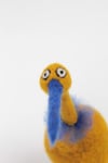 Mustard yellow needle felted quirky bird with a blue ruff