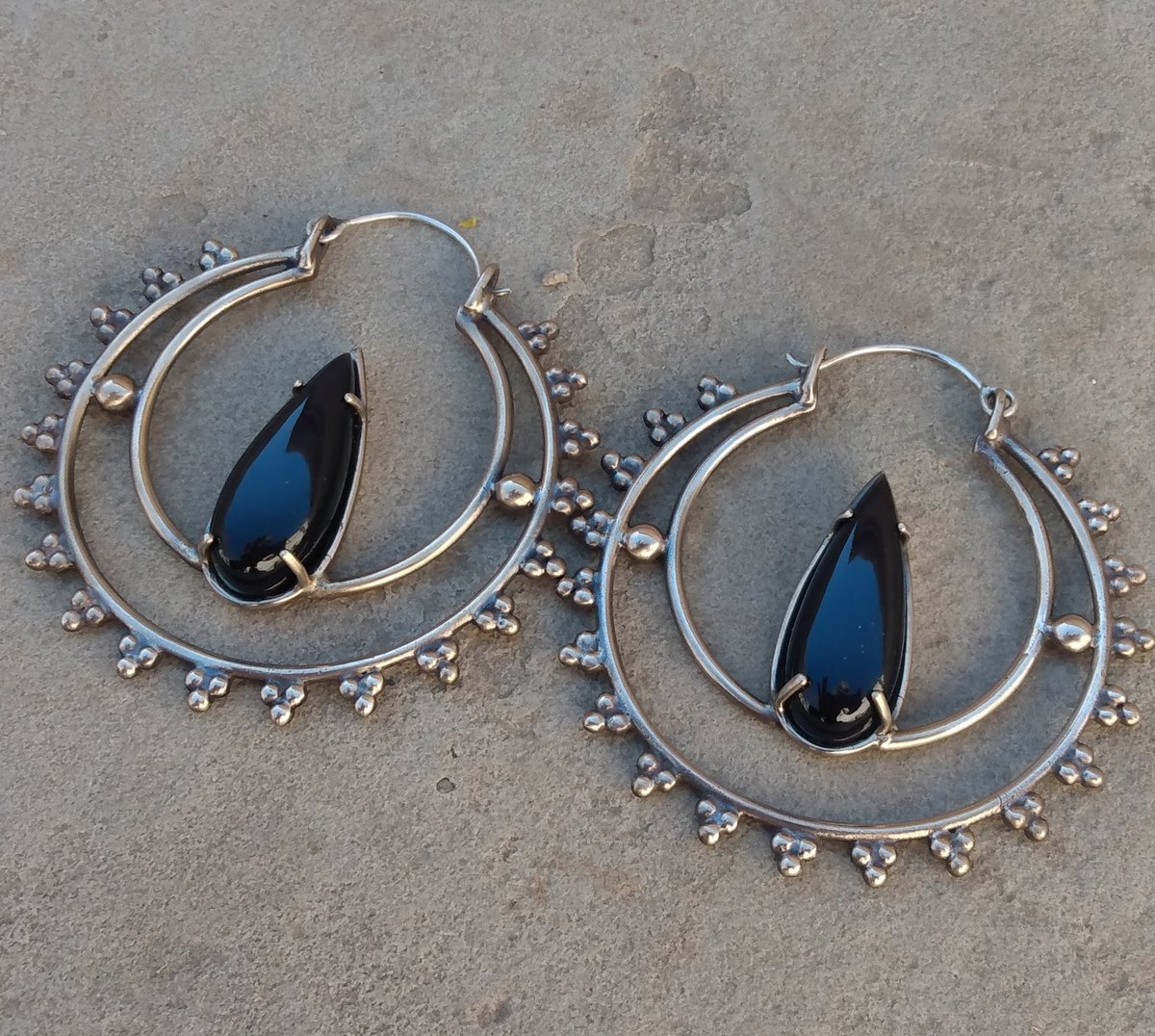 Image of rainbow obsidian + bronze 'nomad' hoop earrings