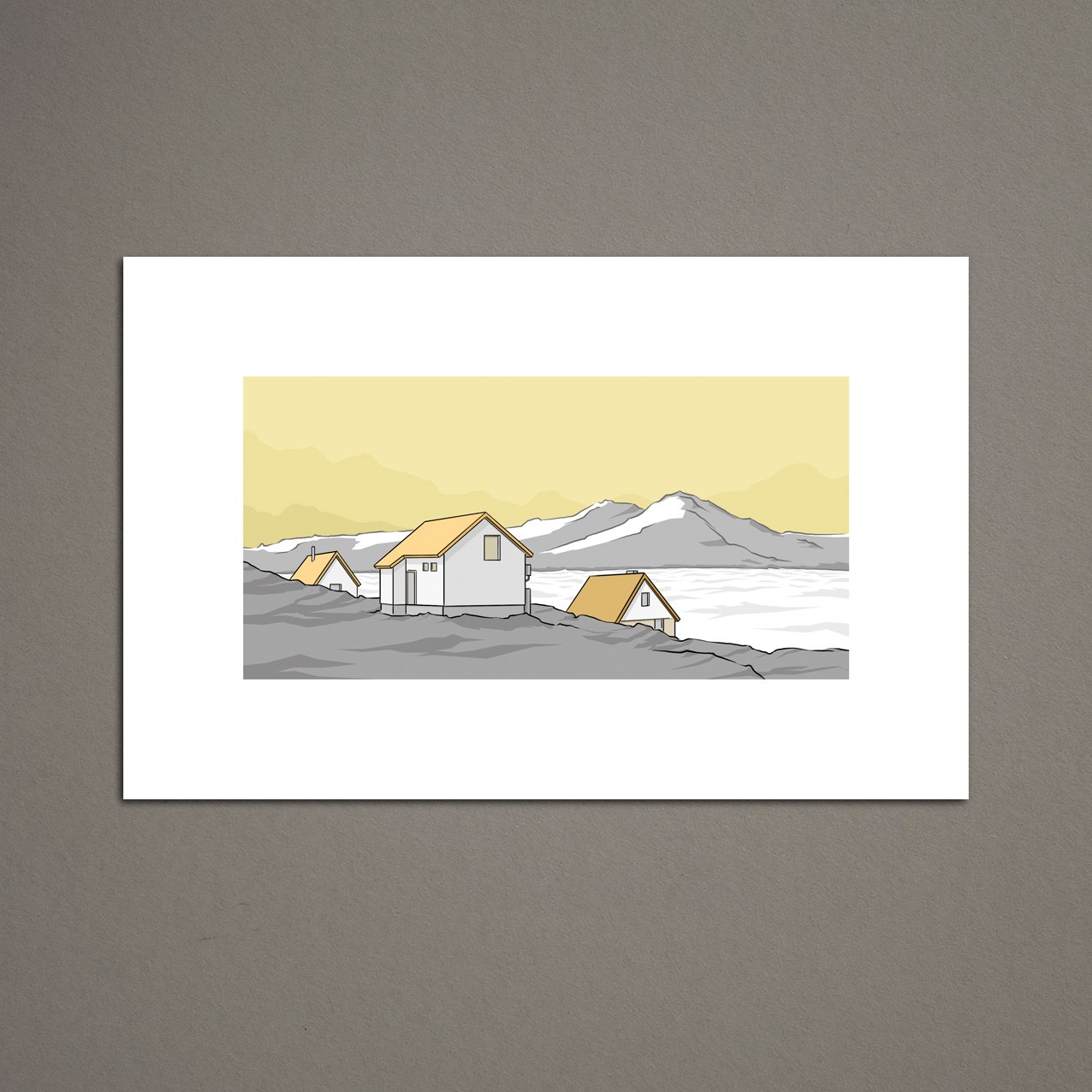ART PRINT: Three houses, an icy lake and a pair of mountains