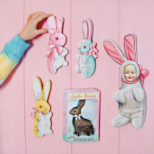 Image of Vintage inspired stuffed Bunny plaque (pink, blue, or yellow) 
