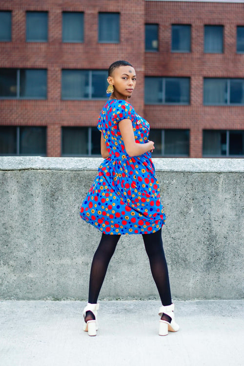 Image of Custom Electric Blue Deep V Bold Ankara Baby Doll Dress