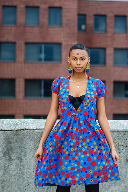 Image of Custom Electric Blue Deep V Bold Ankara Baby Doll Dress