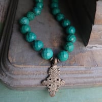 Image 4 of Big + Bold Chunky Southwestern Style Faceted Turquoise Necklace with Antique Silver Relic Cross Pend