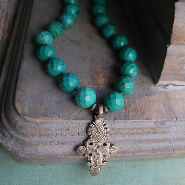 Big + Bold Chunky Southwestern Style Faceted Turquoise Necklace with Antique Silver Relic Cross Pend