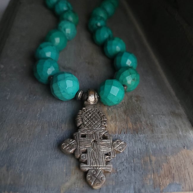 Big + Bold Chunky Southwestern Style Faceted Turquoise Necklace with Antique Silver Relic Cross Pend