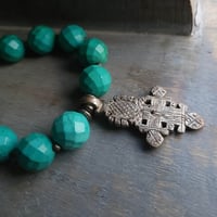 Image 2 of Big + Bold Chunky Southwestern Style Faceted Turquoise Necklace with Antique Silver Relic Cross Pend