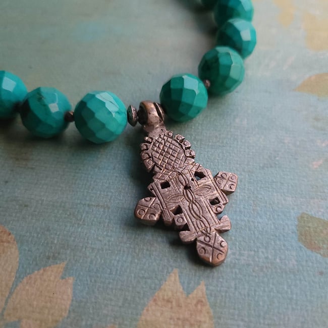 Big + Bold Chunky Southwestern Style Faceted Turquoise Necklace with Antique Silver Relic Cross Pend